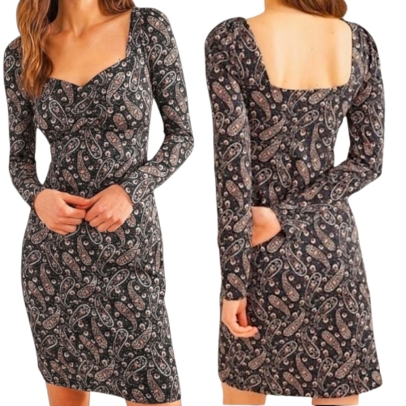 NWT Boden Paisley Fitted Jersey Dress Long Sleeve Sweetheart Neck Size 8R